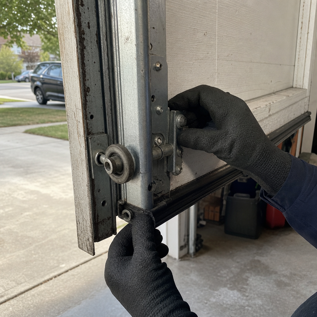 Professional technician repairing garage door bottom bracket and roller assembly in Kew Gardens, NY