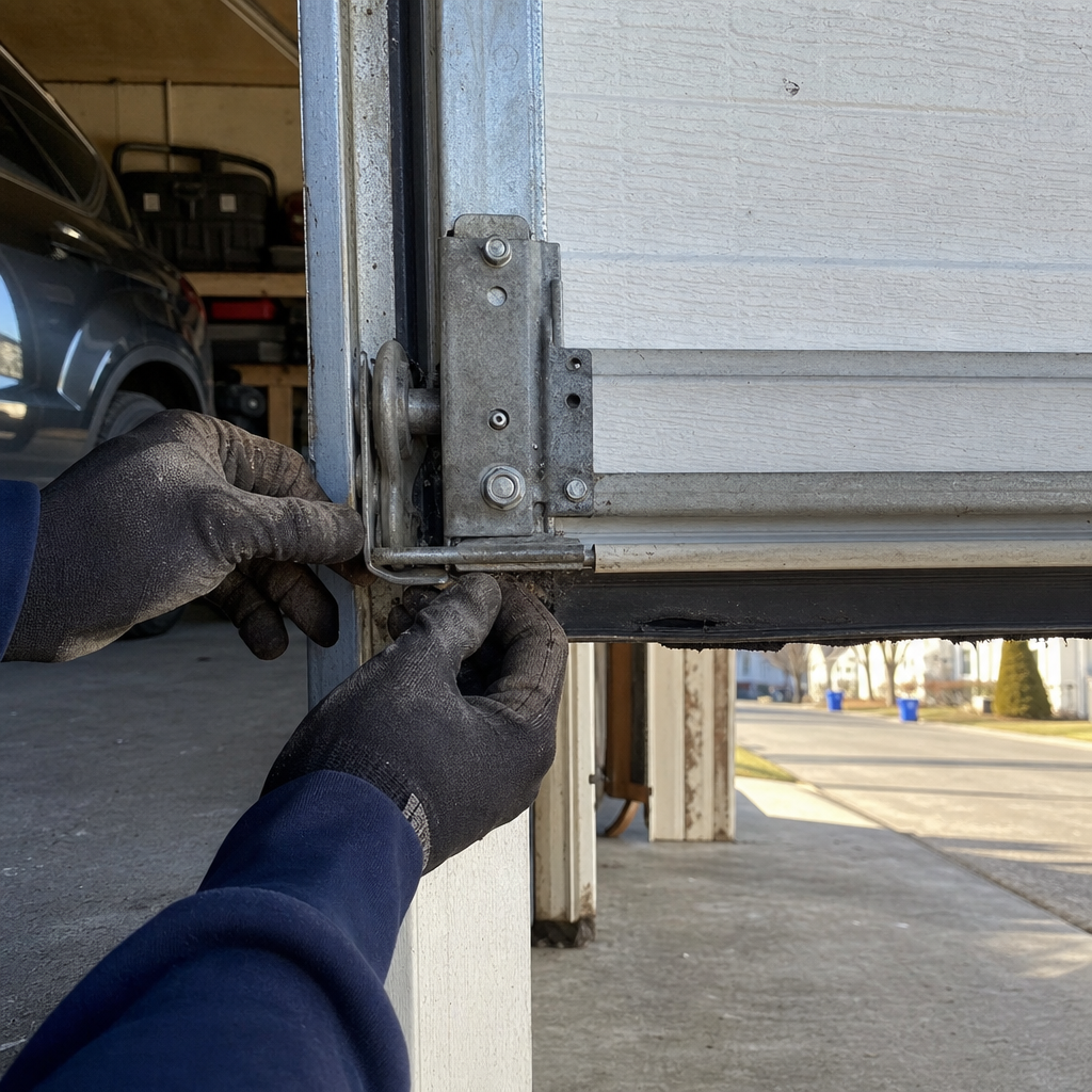 Technician performing emergency garage door repair and maintenance in Huntington, NY