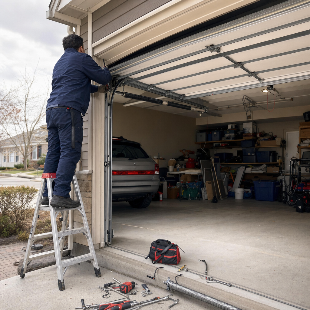 Technician performing emergency garage door repair service in Belle Harbor, NY