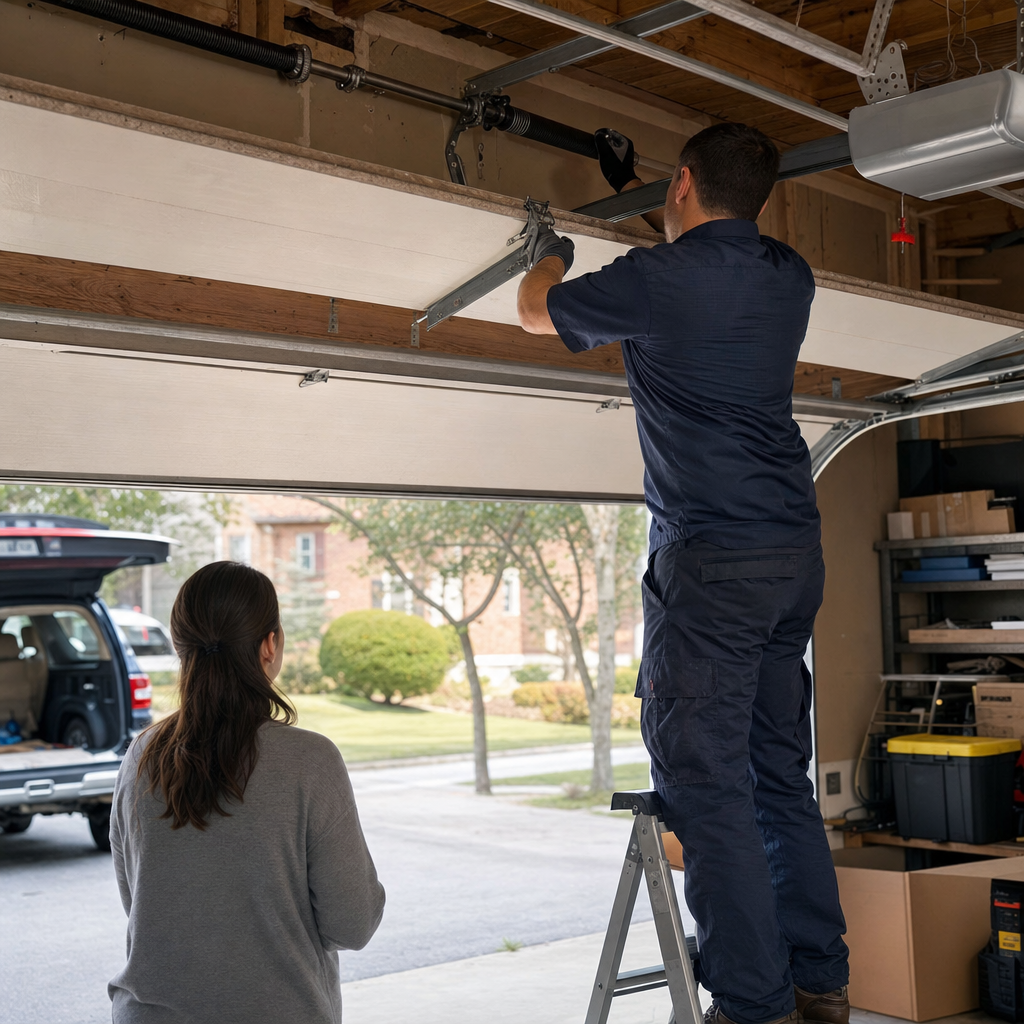 Technician performing professional garage door repair for a homeowner. in New York, NY