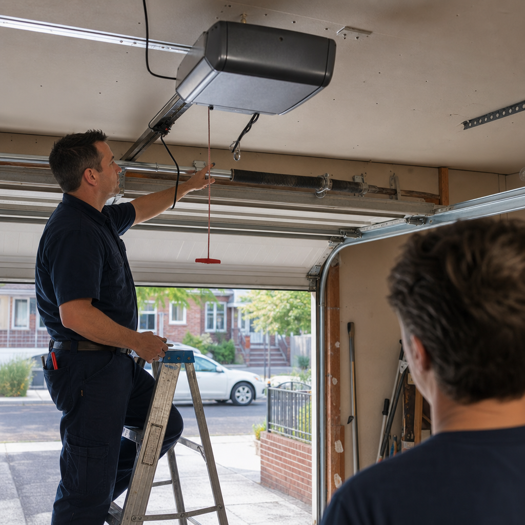 Garage door technician inspecting an automatic garage door opener mechanism in New York, NY