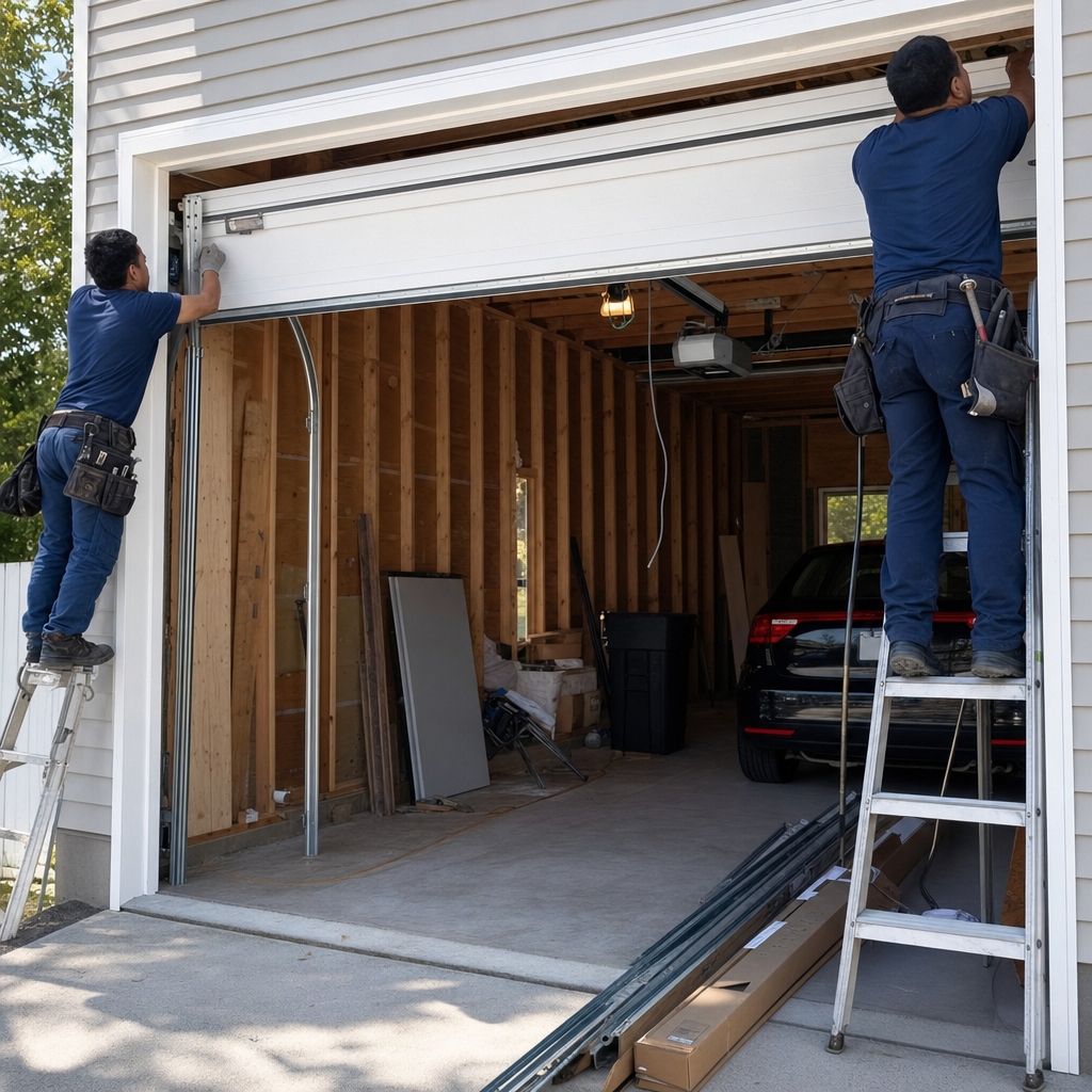 Two professional technicians installing a modern residential garage door in Brighton Beach, NY