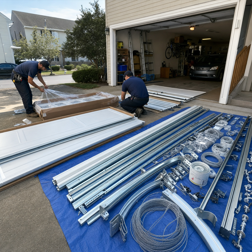 Professional technicians organizing garage door installation parts on a blue tarp in Niagara Falls, NY