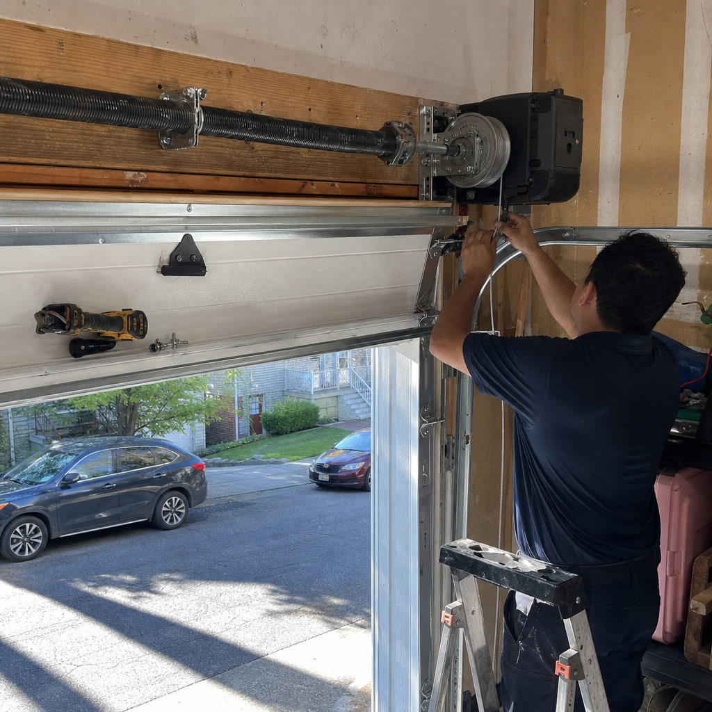 Professional technician installing a garage door opener motor and cable system in North Bellmore, NY