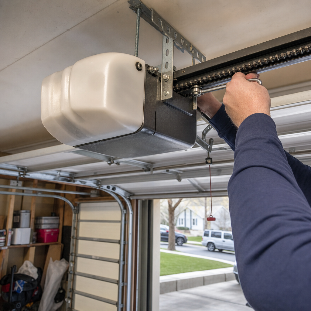 Technician performing garage door opener maintenance and motor repair in Bayville, NY