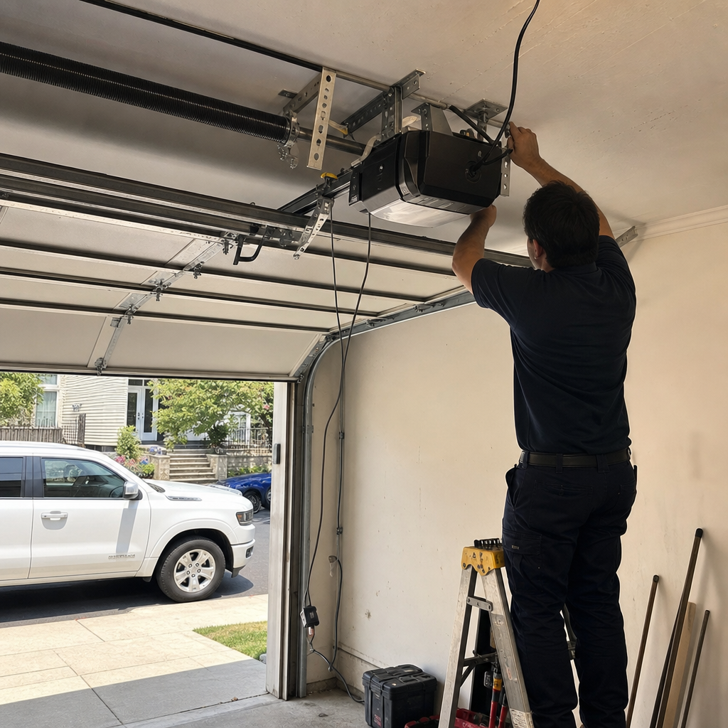 Professional technician installing a garage door opener motor in a residential garage in Cos Cob, NY