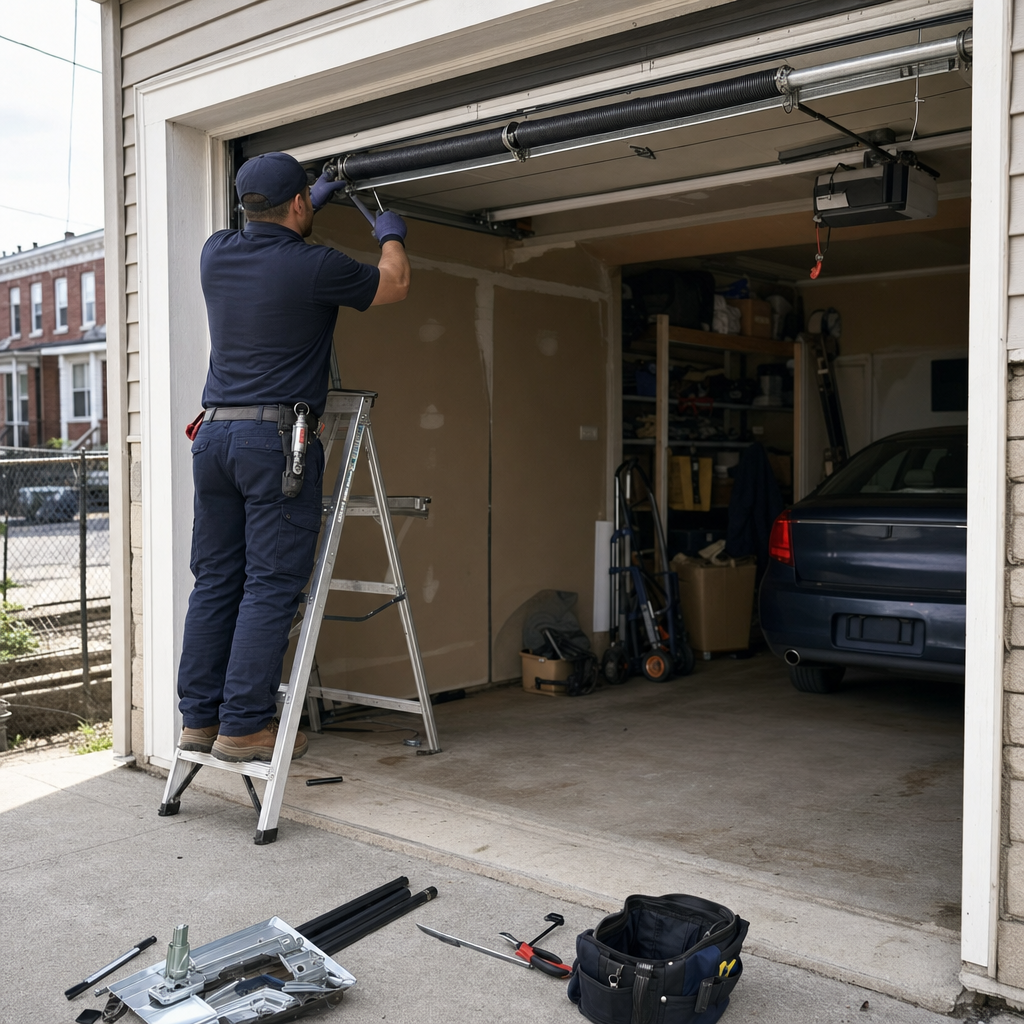Technician performing professional garage door parts repair and maintenance in Woodrow, NY
