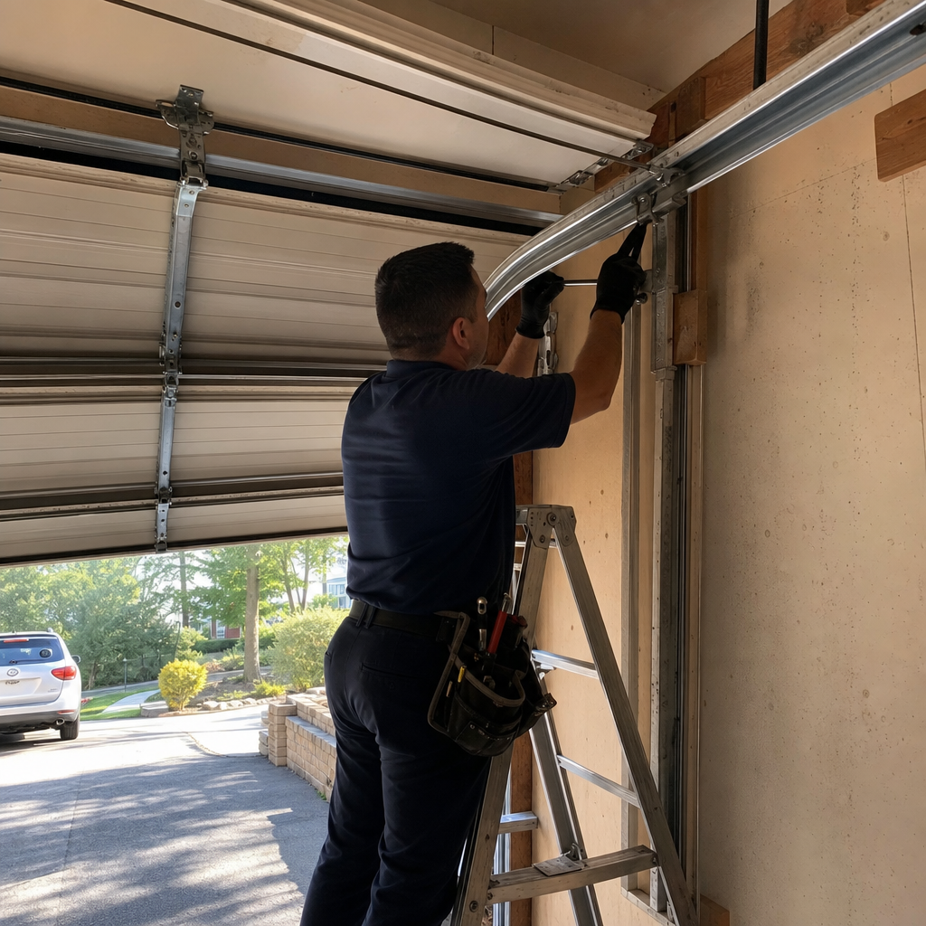 Technician performing professional garage door parts repair and maintenance in North Babylon, NY