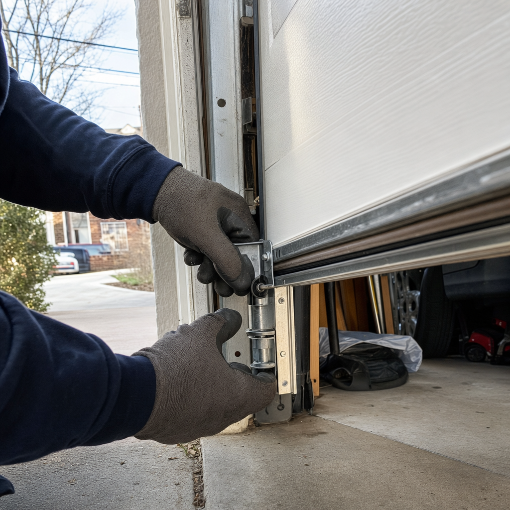 Technician performing professional garage door parts maintenance and repair. in Hasbrouck Heights, NY