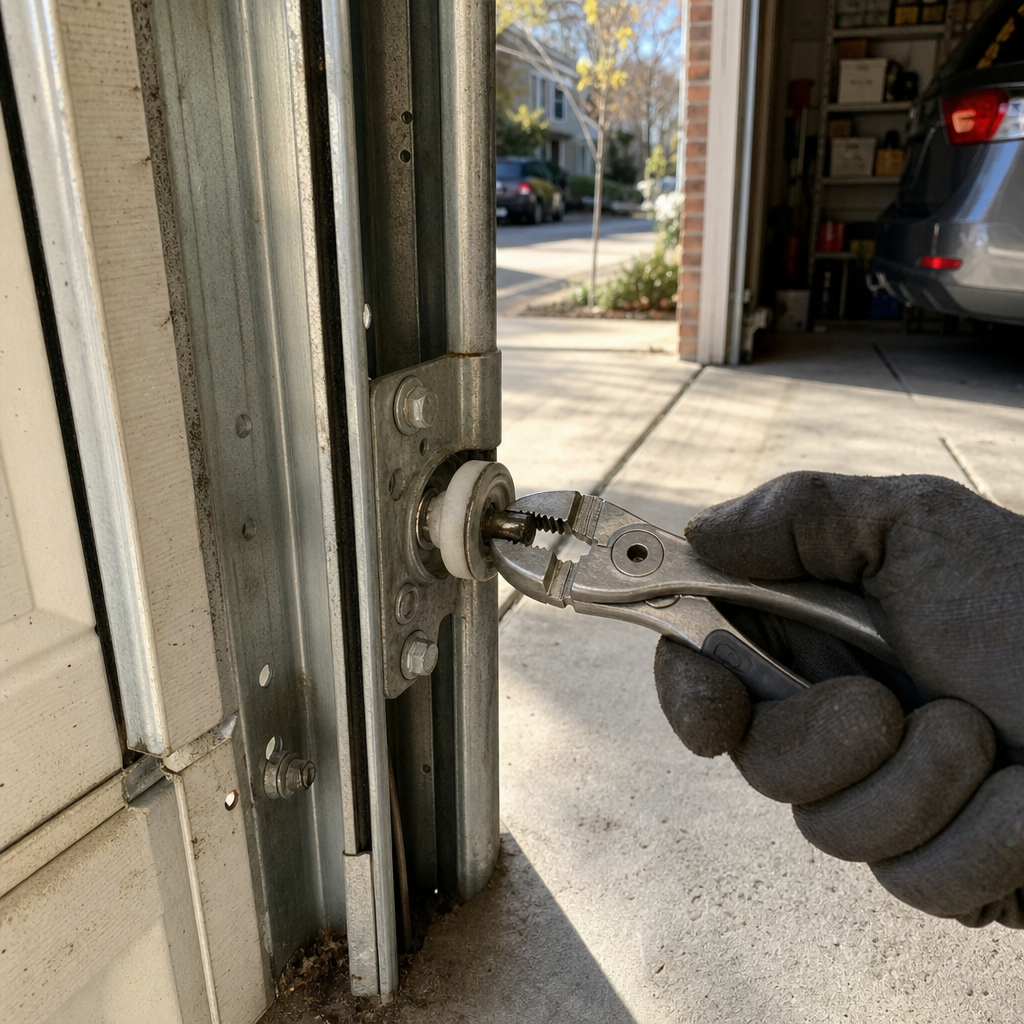 Technician using pliers to repair a garage door roller in West Hills, NY