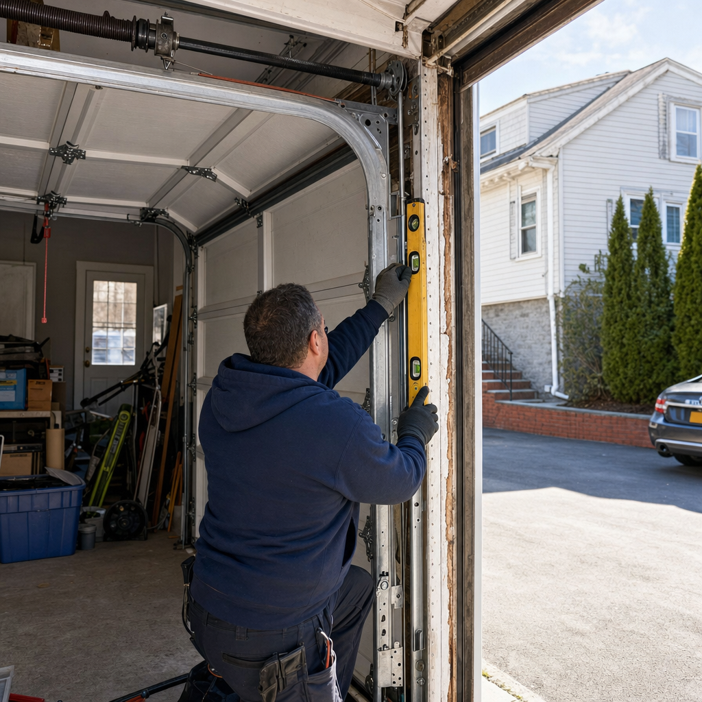 Technician using a level to repair a garage door track in Brooklyn Heights, NY